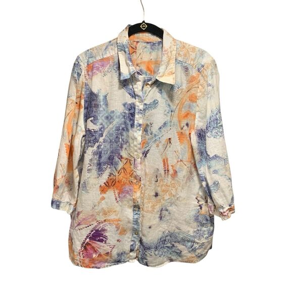 Chicos Womens Linen Watercolor Print Button Up Shirt L Artsy Vacation Boho READ - Picture 1 of 6